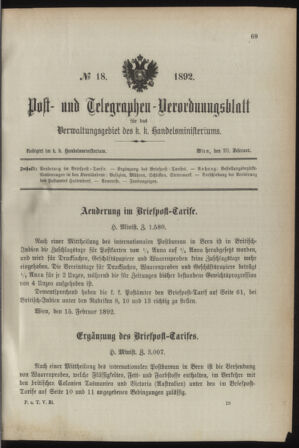 Post- und Telegraphen-Verordnungsblatt für das Verwaltungsgebiet des K.-K. Handelsministeriums 18920220 Seite: 1