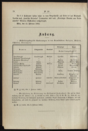 Post- und Telegraphen-Verordnungsblatt für das Verwaltungsgebiet des K.-K. Handelsministeriums 18920220 Seite: 2