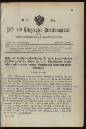 Post- und Telegraphen-Verordnungsblatt für das Verwaltungsgebiet des K.-K. Handelsministeriums 18920223 Seite: 1