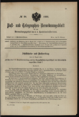 Post- und Telegraphen-Verordnungsblatt für das Verwaltungsgebiet des K.-K. Handelsministeriums 18920224 Seite: 1