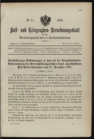 Post- und Telegraphen-Verordnungsblatt für das Verwaltungsgebiet des K.-K. Handelsministeriums 18920226 Seite: 1