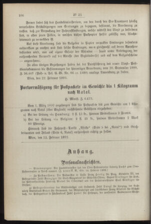 Post- und Telegraphen-Verordnungsblatt für das Verwaltungsgebiet des K.-K. Handelsministeriums 18920226 Seite: 2