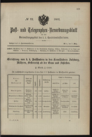 Post- und Telegraphen-Verordnungsblatt für das Verwaltungsgebiet des K.-K. Handelsministeriums 18920304 Seite: 1