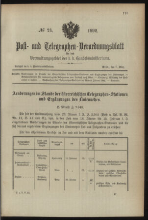 Post- und Telegraphen-Verordnungsblatt für das Verwaltungsgebiet des K.-K. Handelsministeriums 18920307 Seite: 1