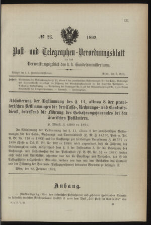 Post- und Telegraphen-Verordnungsblatt für das Verwaltungsgebiet des K.-K. Handelsministeriums 18920309 Seite: 1