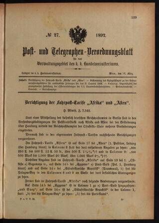 Post- und Telegraphen-Verordnungsblatt für das Verwaltungsgebiet des K.-K. Handelsministeriums 18920316 Seite: 1