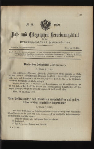 Post- und Telegraphen-Verordnungsblatt für das Verwaltungsgebiet des K.-K. Handelsministeriums