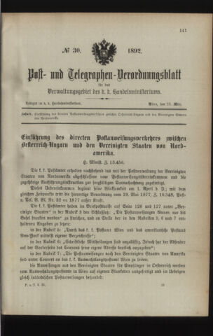 Post- und Telegraphen-Verordnungsblatt für das Verwaltungsgebiet des K.-K. Handelsministeriums