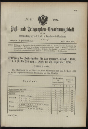 Post- und Telegraphen-Verordnungsblatt für das Verwaltungsgebiet des K.-K. Handelsministeriums 18920326 Seite: 1