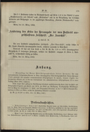 Post- und Telegraphen-Verordnungsblatt für das Verwaltungsgebiet des K.-K. Handelsministeriums 18920326 Seite: 3