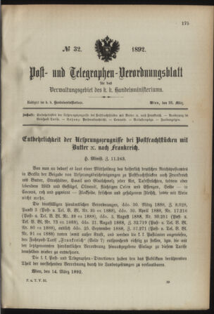 Post- und Telegraphen-Verordnungsblatt für das Verwaltungsgebiet des K.-K. Handelsministeriums 18920328 Seite: 1