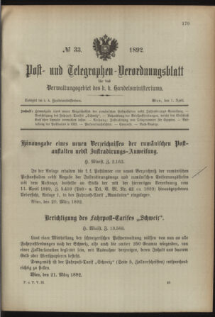 Post- und Telegraphen-Verordnungsblatt für das Verwaltungsgebiet des K.-K. Handelsministeriums 18920401 Seite: 1