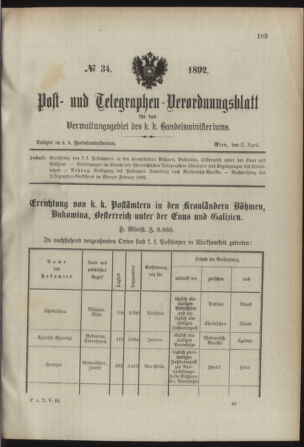 Post- und Telegraphen-Verordnungsblatt für das Verwaltungsgebiet des K.-K. Handelsministeriums 18920403 Seite: 1