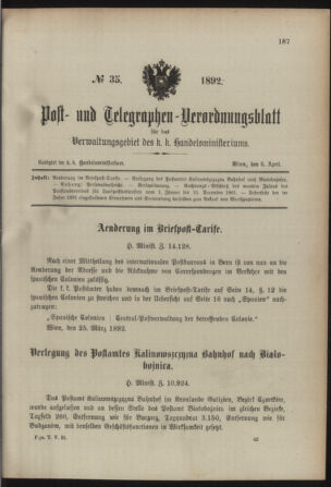 Post- und Telegraphen-Verordnungsblatt für das Verwaltungsgebiet des K.-K. Handelsministeriums 18920405 Seite: 1