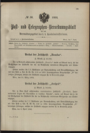 Post- und Telegraphen-Verordnungsblatt für das Verwaltungsgebiet des K.-K. Handelsministeriums 18920407 Seite: 1