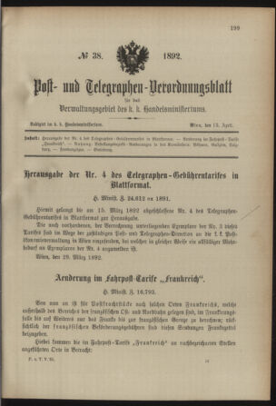 Post- und Telegraphen-Verordnungsblatt für das Verwaltungsgebiet des K.-K. Handelsministeriums 18920413 Seite: 1