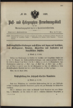 Post- und Telegraphen-Verordnungsblatt für das Verwaltungsgebiet des K.-K. Handelsministeriums 18920416 Seite: 1