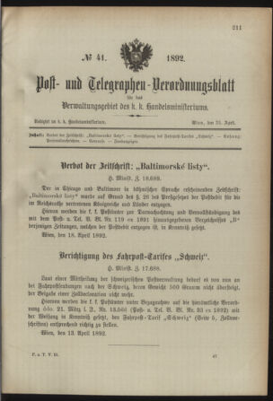 Post- und Telegraphen-Verordnungsblatt für das Verwaltungsgebiet des K.-K. Handelsministeriums 18920423 Seite: 1