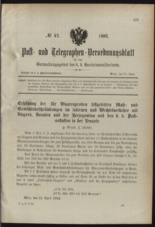 Post- und Telegraphen-Verordnungsblatt für das Verwaltungsgebiet des K.-K. Handelsministeriums 18920425 Seite: 1