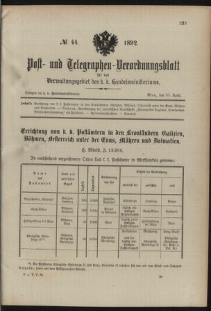 Post- und Telegraphen-Verordnungsblatt für das Verwaltungsgebiet des K.-K. Handelsministeriums 18920430 Seite: 1