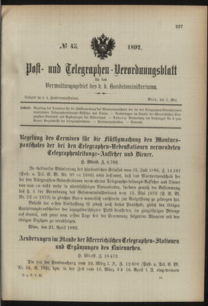 Post- und Telegraphen-Verordnungsblatt für das Verwaltungsgebiet des K.-K. Handelsministeriums 18920504 Seite: 1