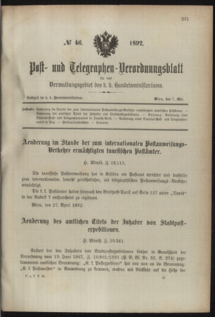 Post- und Telegraphen-Verordnungsblatt für das Verwaltungsgebiet des K.-K. Handelsministeriums 18920507 Seite: 1