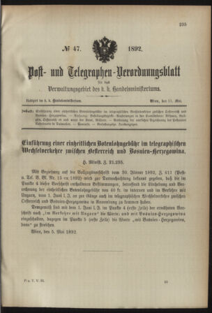 Post- und Telegraphen-Verordnungsblatt für das Verwaltungsgebiet des K.-K. Handelsministeriums 18920511 Seite: 1