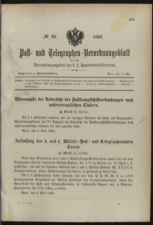 Post- und Telegraphen-Verordnungsblatt für das Verwaltungsgebiet des K.-K. Handelsministeriums 18920513 Seite: 1