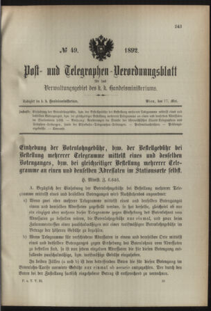 Post- und Telegraphen-Verordnungsblatt für das Verwaltungsgebiet des K.-K. Handelsministeriums 18920517 Seite: 1