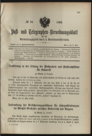 Post- und Telegraphen-Verordnungsblatt für das Verwaltungsgebiet des K.-K. Handelsministeriums 18920519 Seite: 1