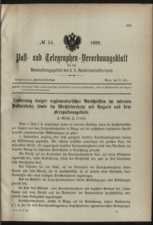 Post- und Telegraphen-Verordnungsblatt für das Verwaltungsgebiet des K.-K. Handelsministeriums 18920525 Seite: 1