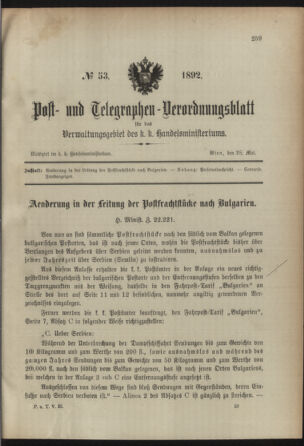 Post- und Telegraphen-Verordnungsblatt für das Verwaltungsgebiet des K.-K. Handelsministeriums 18920528 Seite: 1