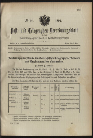 Post- und Telegraphen-Verordnungsblatt für das Verwaltungsgebiet des K.-K. Handelsministeriums 18920603 Seite: 1