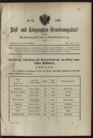 Post- und Telegraphen-Verordnungsblatt für das Verwaltungsgebiet des K.-K. Handelsministeriums 18920604 Seite: 1