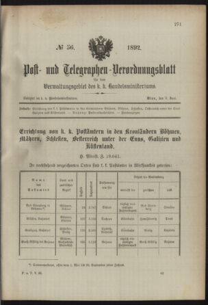 Post- und Telegraphen-Verordnungsblatt für das Verwaltungsgebiet des K.-K. Handelsministeriums 18920609 Seite: 1