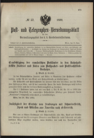 Post- und Telegraphen-Verordnungsblatt für das Verwaltungsgebiet des K.-K. Handelsministeriums 18920614 Seite: 1