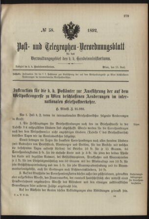 Post- und Telegraphen-Verordnungsblatt für das Verwaltungsgebiet des K.-K. Handelsministeriums 18920616 Seite: 1