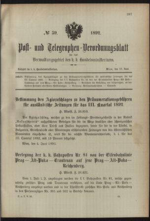 Post- und Telegraphen-Verordnungsblatt für das Verwaltungsgebiet des K.-K. Handelsministeriums 18920618 Seite: 1