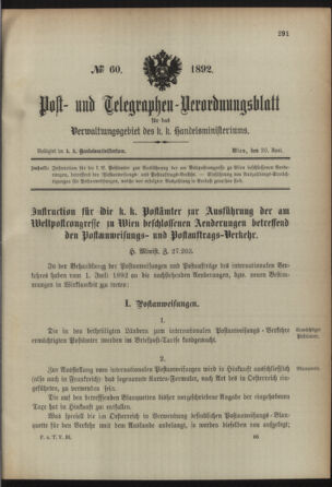 Post- und Telegraphen-Verordnungsblatt für das Verwaltungsgebiet des K.-K. Handelsministeriums 18920620 Seite: 1