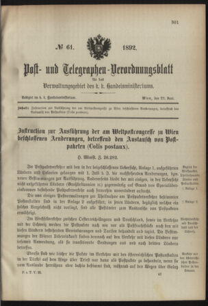 Post- und Telegraphen-Verordnungsblatt für das Verwaltungsgebiet des K.-K. Handelsministeriums 18920622 Seite: 1