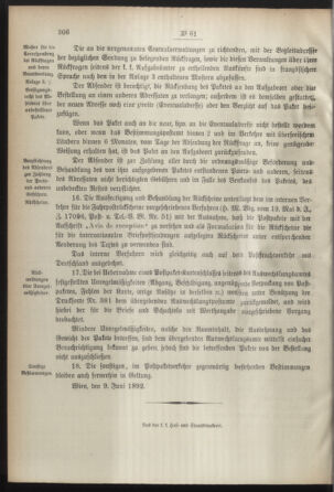 Post- und Telegraphen-Verordnungsblatt für das Verwaltungsgebiet des K.-K. Handelsministeriums 18920622 Seite: 6