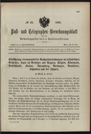 Post- und Telegraphen-Verordnungsblatt für das Verwaltungsgebiet des K.-K. Handelsministeriums 18920624 Seite: 1