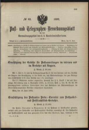 Post- und Telegraphen-Verordnungsblatt für das Verwaltungsgebiet des K.-K. Handelsministeriums 18920625 Seite: 1