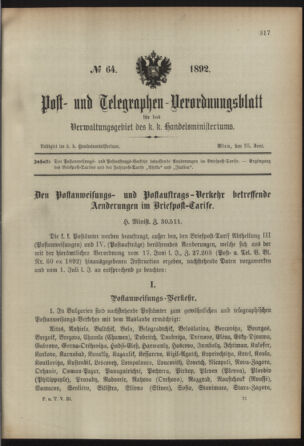 Post- und Telegraphen-Verordnungsblatt für das Verwaltungsgebiet des K.-K. Handelsministeriums 18920625 Seite: 5