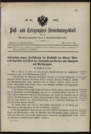 Post- und Telegraphen-Verordnungsblatt für das Verwaltungsgebiet des K.-K. Handelsministeriums 18920626 Seite: 1