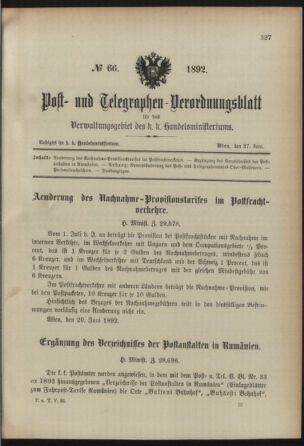 Post- und Telegraphen-Verordnungsblatt für das Verwaltungsgebiet des K.-K. Handelsministeriums 18920627 Seite: 1