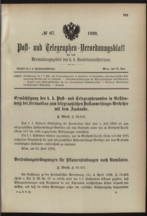 Post- und Telegraphen-Verordnungsblatt für das Verwaltungsgebiet des K.-K. Handelsministeriums 18920628 Seite: 1