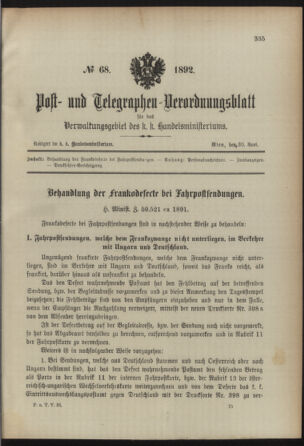 Post- und Telegraphen-Verordnungsblatt für das Verwaltungsgebiet des K.-K. Handelsministeriums 18920630 Seite: 1