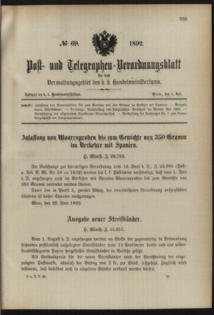 Post- und Telegraphen-Verordnungsblatt für das Verwaltungsgebiet des K.-K. Handelsministeriums 18920704 Seite: 1