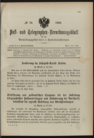 Post- und Telegraphen-Verordnungsblatt für das Verwaltungsgebiet des K.-K. Handelsministeriums 18920706 Seite: 1